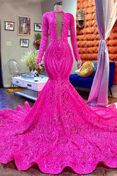 Fabulous Fuchsia Long Sleeves Evening Dress with Sequins Deep V-Neck